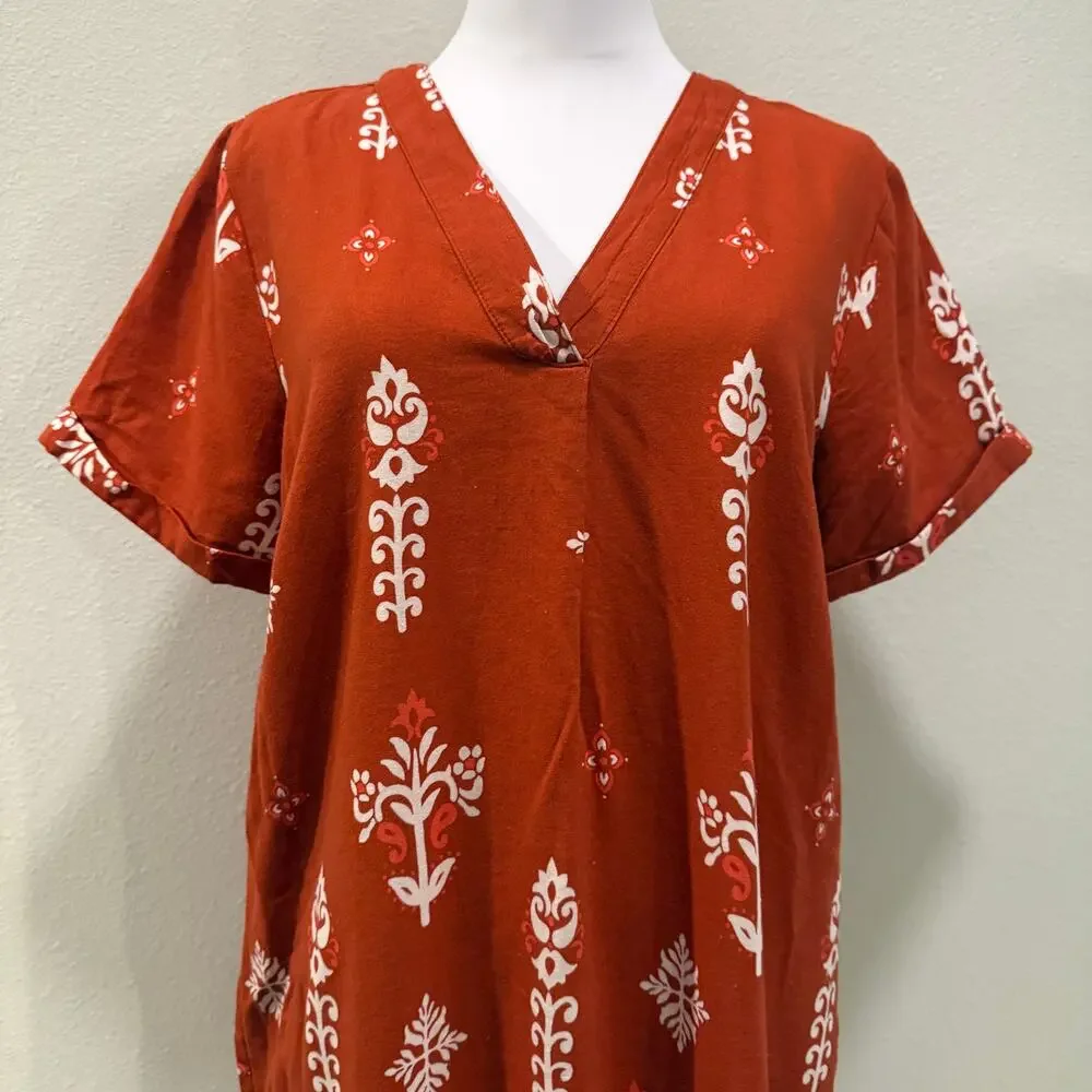 St. John's Bay Linen Blend Midi Dress Rust Orange Boho Pockets Small Vacation